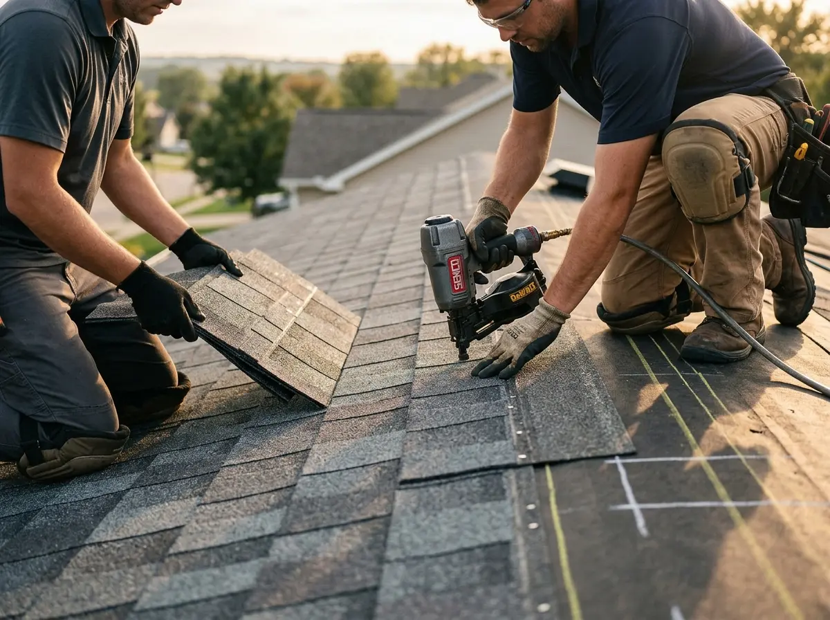 Professional roofer working on a residential roof in Sutherlin